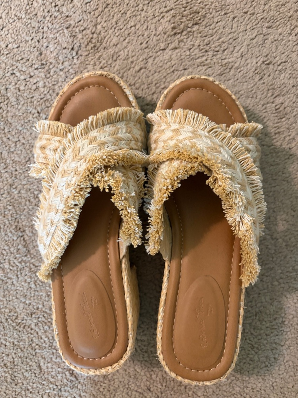 Universal Thread Frayed Straw Slide Sandals in Tan and Cream